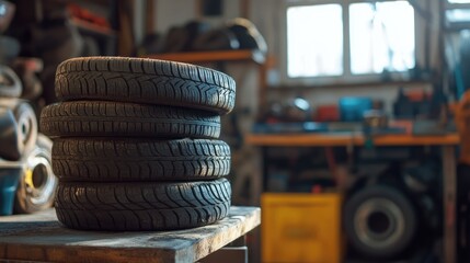 Stack of Used Tires on Workbench in Auto Workshop Showcasing Tire Tread and Garage Environment