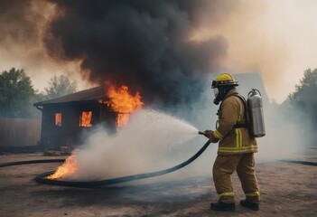 Obraz premium A fireman stands resolutely in front of a large and raging fire