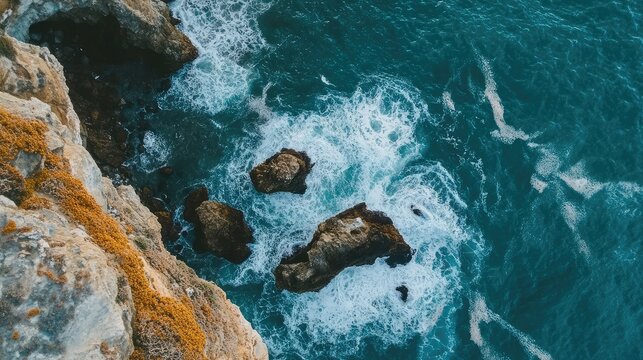 Aerial view of rocky coastline with turquoise ocean waves crashing against cliffs and vibrant coastal vegetation in bright daylight.