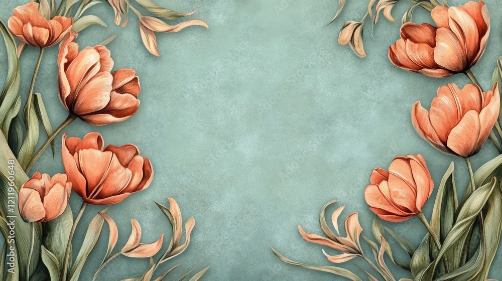 Poster tulip border design with orange flowers on soft turquoise background for elegant invitations and dec