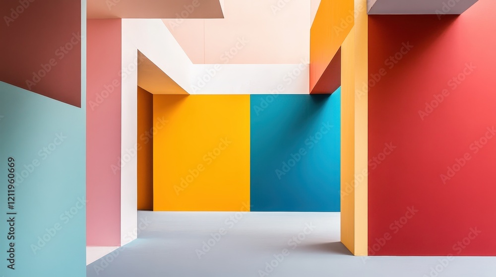 Poster dynamic and vibrant three dimensional space with colorful walls and geometric shapes in contemporary