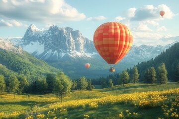 Naklejka premium Ultra-realistic 3D render of a hot air balloon flying over a green meadow with yellow flowers and mountains in the background.