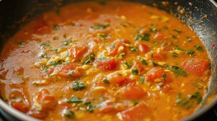 Fresh Tomato and Egg Omelet Simmering with Herbs in a Black Frying Pan