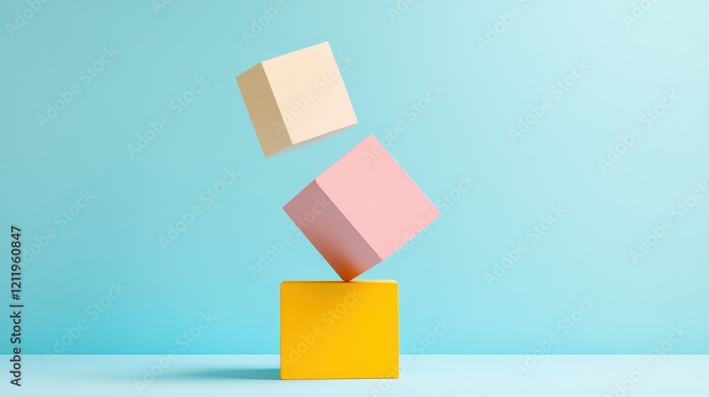 Aufkleber colorful three-dimensional blocks in dynamic arrangement against a soft blue background