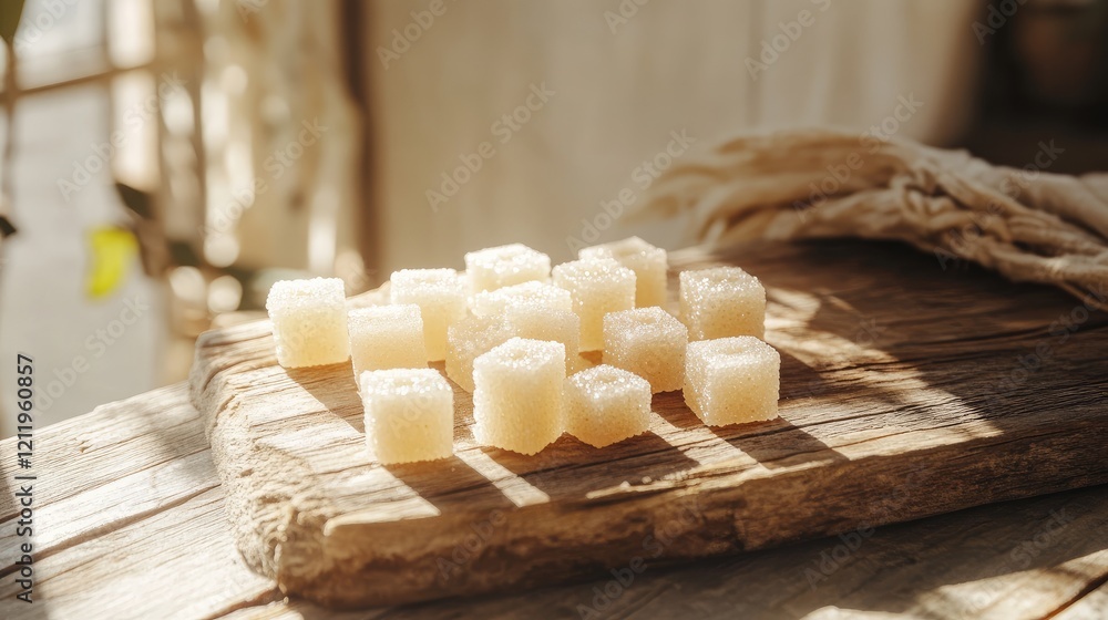Poster turbinado sugar cubes arranged on a rustic wooden board illuminated by warm morning sunlight creatin