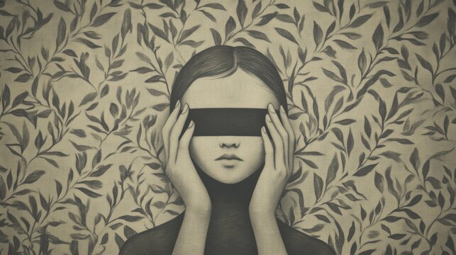 A sepia-toned illustration of a girl with her eyes covered by a black band against a floral wallpaper background.