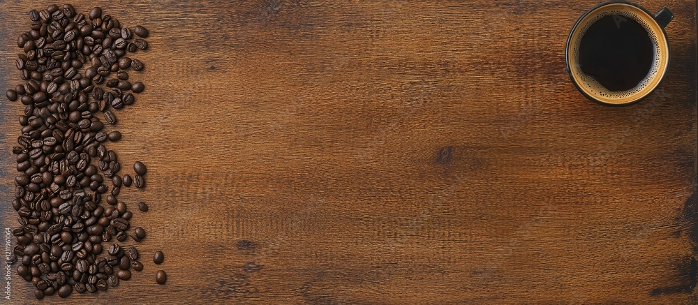 Poster aromatic dark coffee cup on rustic wooden table surrounded by rich roasted coffee beans with ample b