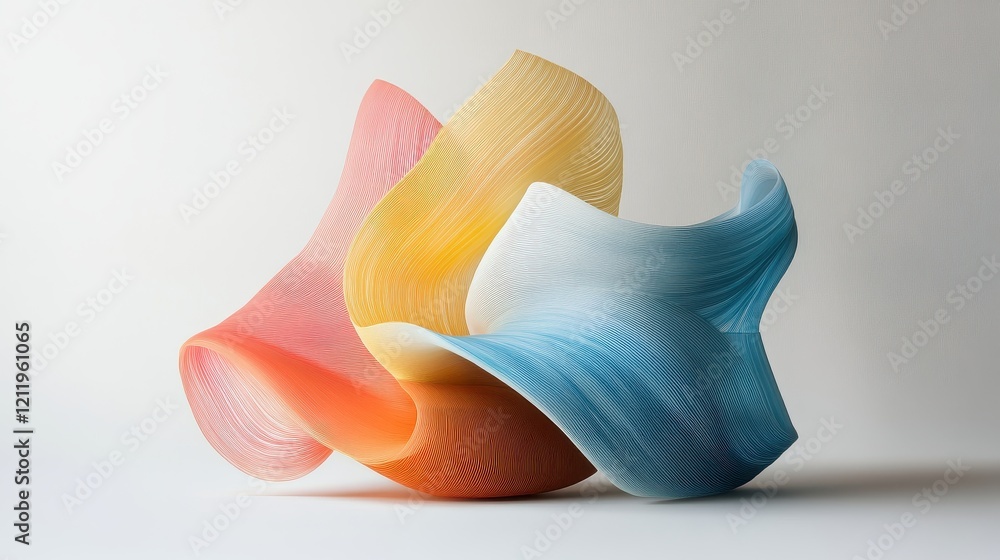 Poster vibrant and dynamic three-dimensional abstract sculpture with soft curved lines and colorful layers
