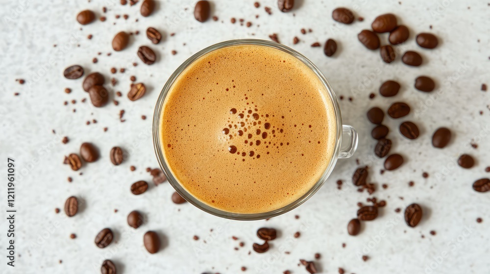 Poster elegant top view of fresh aromatic espresso in a clear glass cup on a clean white surface surrounded
