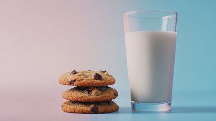 Freshly baked chocolate chip cookies stacked beside a glass of milk on a soft gradient background