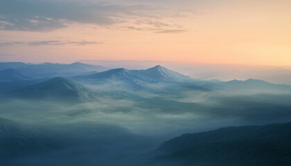 Serene mountain landscape covered in soft mist under a pastel sunrise, creating a peaceful and ethereal natural scene