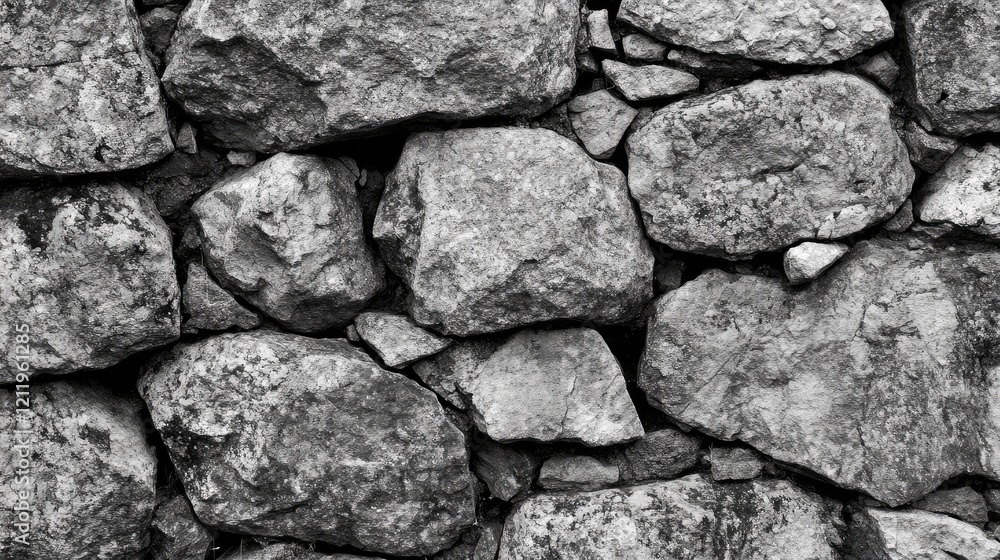 Poster Textured stone wall background with irregular rocks in grayscale perfect for design and architectural projects.