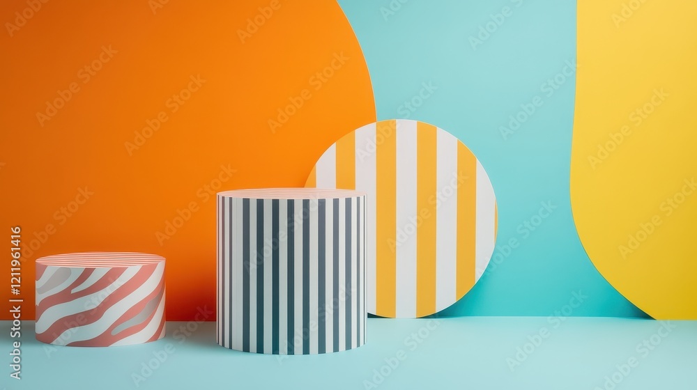 Poster dynamic three-dimensional composition with vibrant geometric shapes and patterns in vivid colors