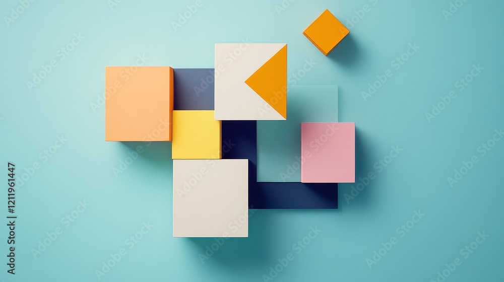 Poster dynamic composition of three-dimensional vibrant geometric shapes on a soft blue background