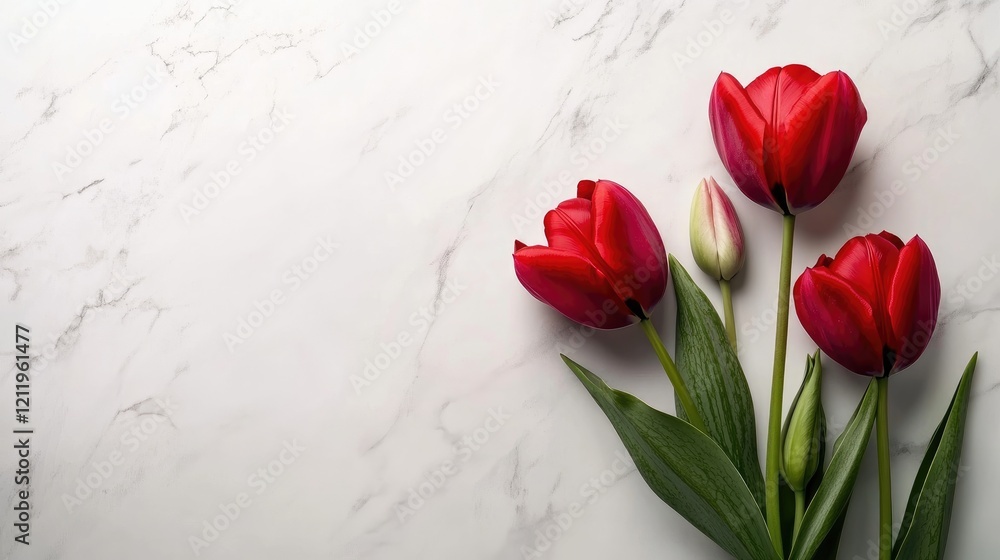 Fototapete red tulips on marble background spring floral arrangement with space for text and branding logo disp