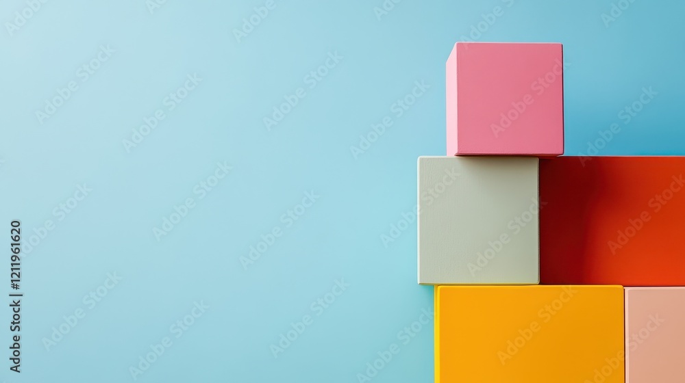 Poster colorful three-dimensional blocks arranged in a dynamic composition against a soft blue background