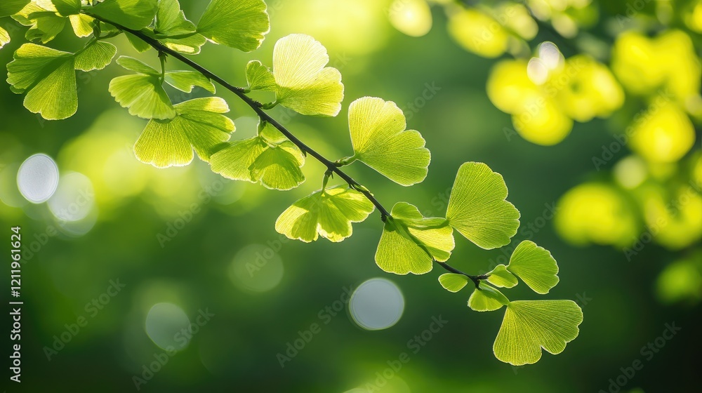 Aufkleber Soft Green Background with Bokeh Effect Featuring Defocused Leaves and Natural Light Rays Invoking Spring and Summer Serenity in Nature
