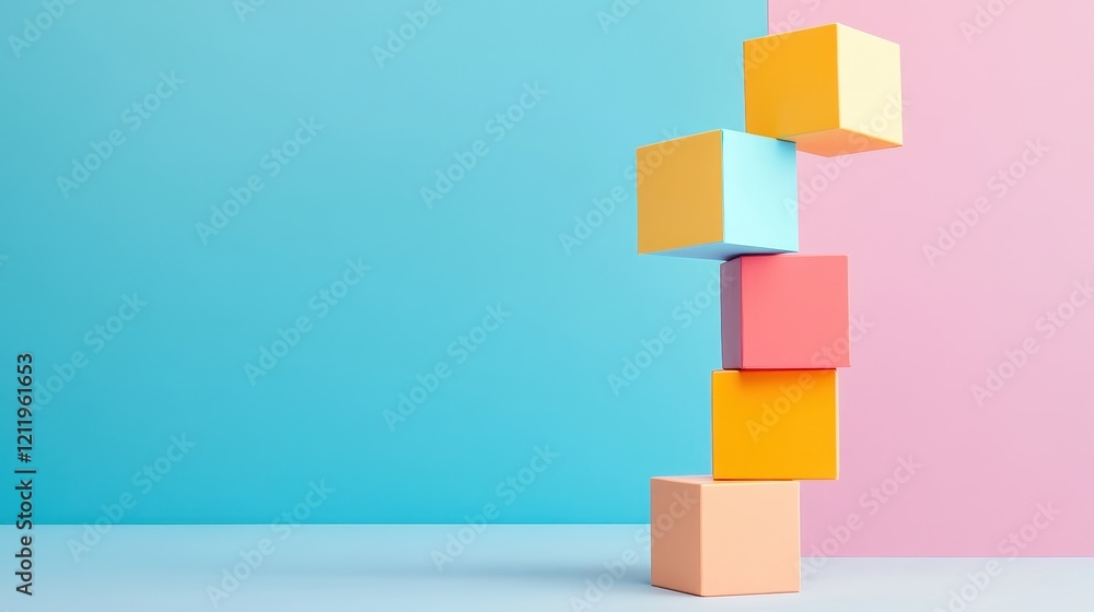 Poster colorful three-dimensional blocks stacked in a dynamic arrangement on a pastel background