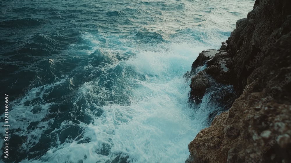 Aufkleber turbulent ocean waves colliding with rugged cliffs during a dramatic stormy weather event