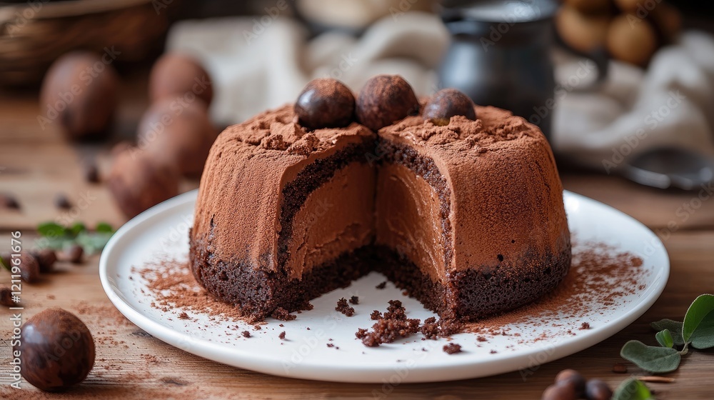 Poster rich truffle cake with smooth chestnut mousse elegantly presented on a white plate surrounded by rus