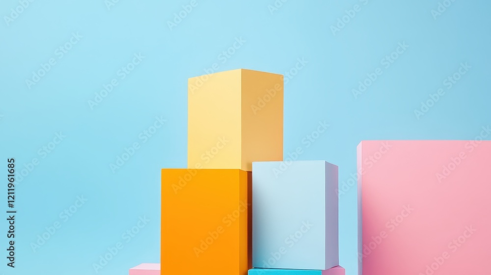 Poster colorful three-dimensional blocks arranged in a dynamic composition against a blue background