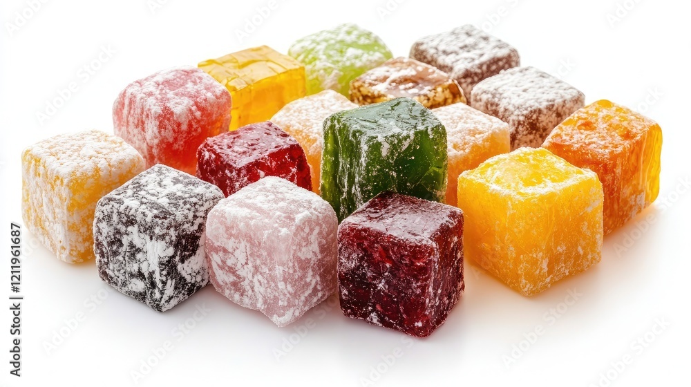 Poster colorful assorted turkish delights arranged on a white background showcasing their unique shapes and