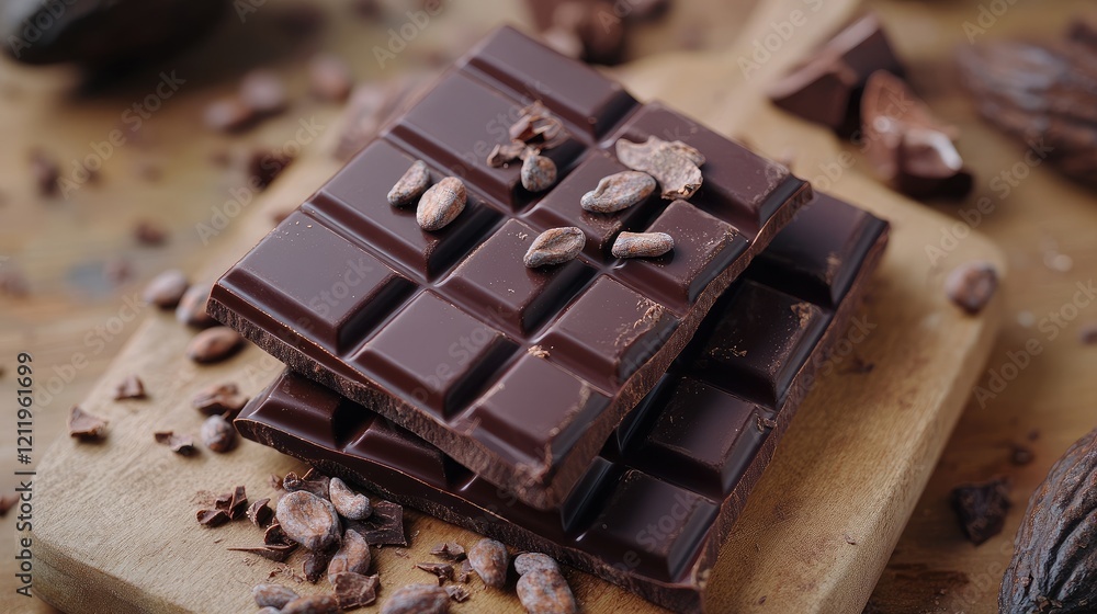 Poster cacao seeds transformed into rich chocolate bars with cocoa nibs showcasing the essence of chocolate