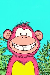 Cheeky Monkey with a Mischievous Grin Surrounded by Tropical Plants in a Vibrant Cartoon Style