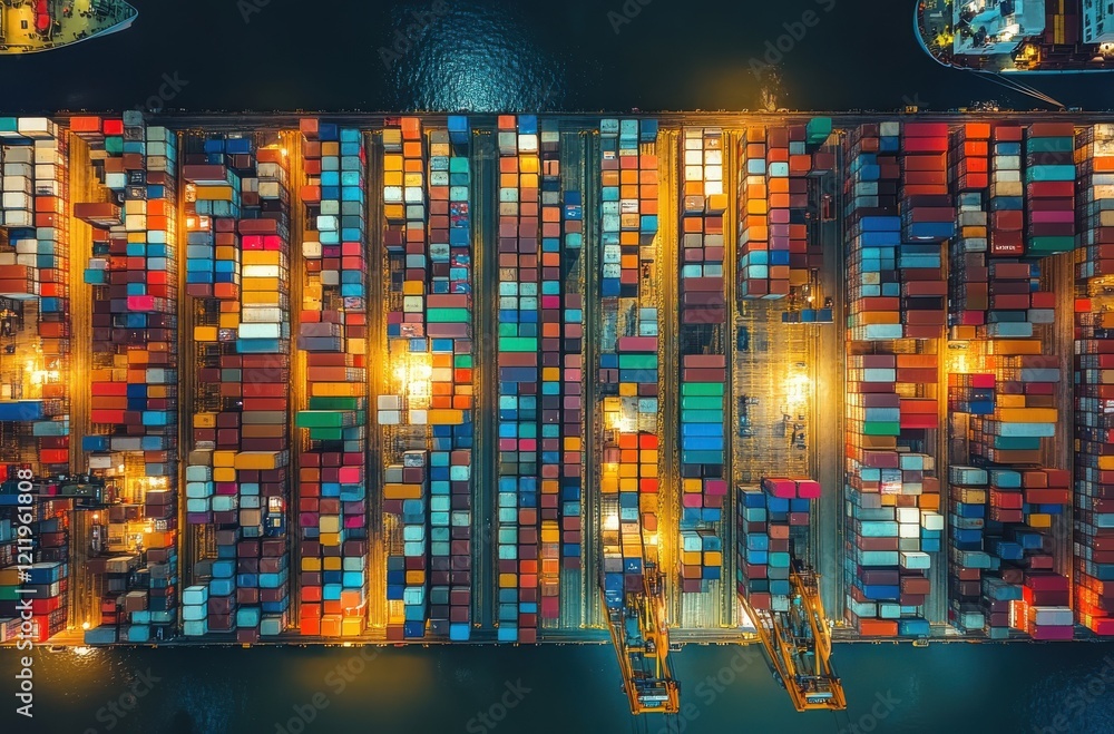 Poster aerial view of vibrant shipping containers at a busy port, illuminated at night with colorful patter