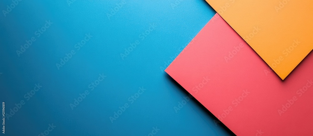 Poster Colorful geometric composition featuring a top view of a blank paper sheet positioned on a vibrant blue background with yellow and red sheets overlapping for design use.