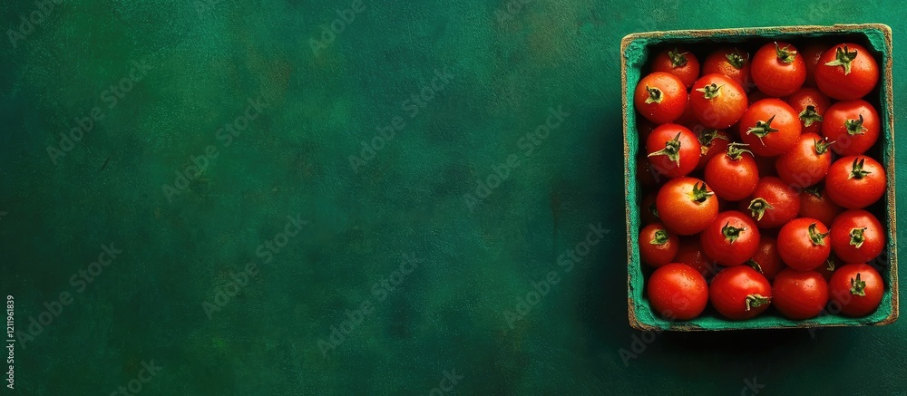Aufkleber top view of vibrant red cherry tomatoes in green container on dark green background with ample blank