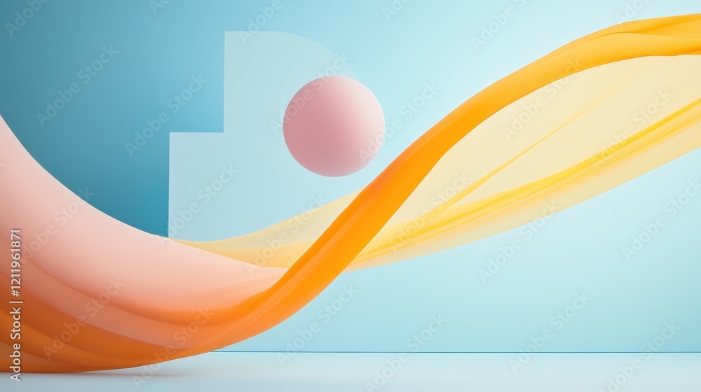 Poster vibrant three dimensional colorful spheres and flowing ribbon elements in dynamic scene