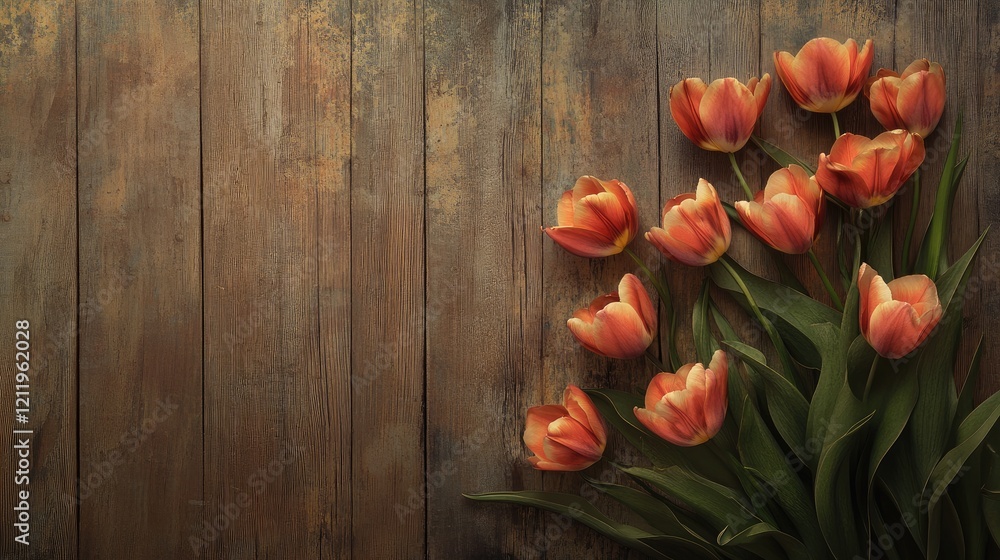 Poster pink tulips arranged on rustic wooden background creating a warm and inviting floral composition for