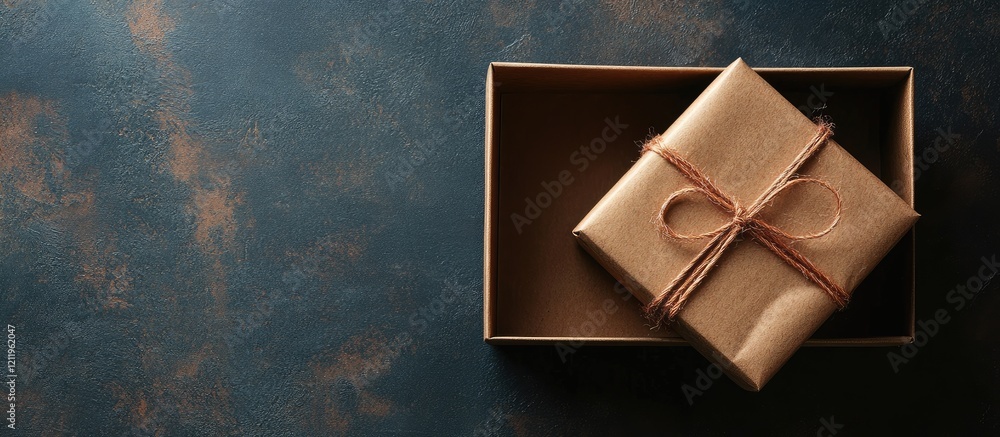 Poster top view of an elegant open gift box featuring a beautifully wrapped brown gift with twine on a text