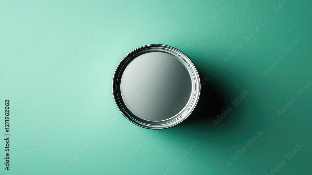 Fototapete Circular aluminum can viewed from above against a soft teal background creating a clean and modern aesthetic with ample copy space