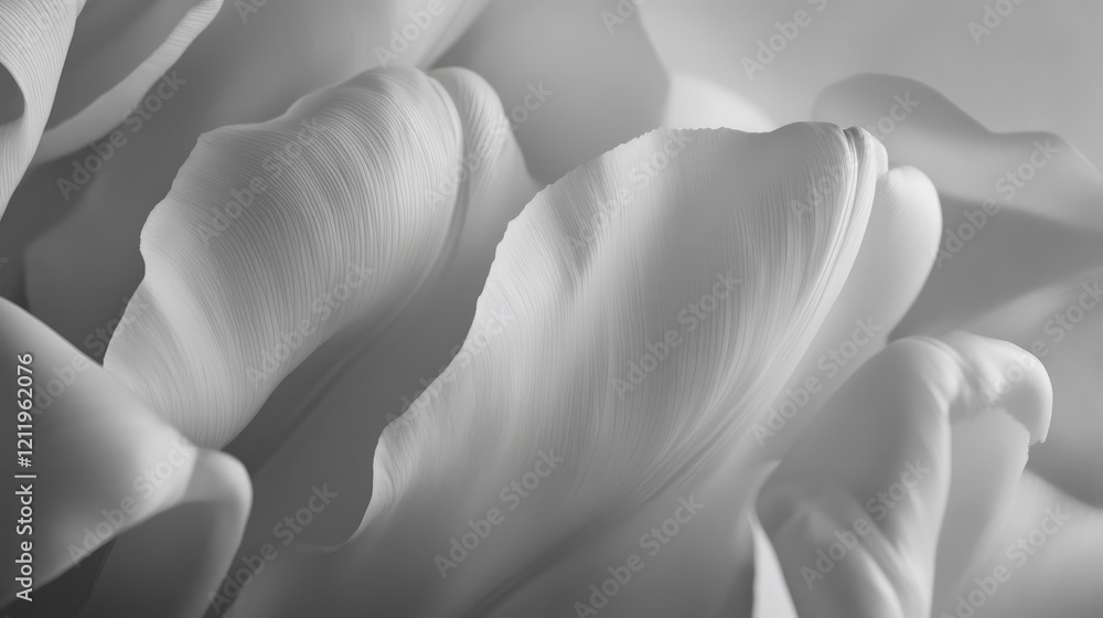 Poster delicate close-up of white tulip petals showcasing intricate textures and subtle gradients in monoch
