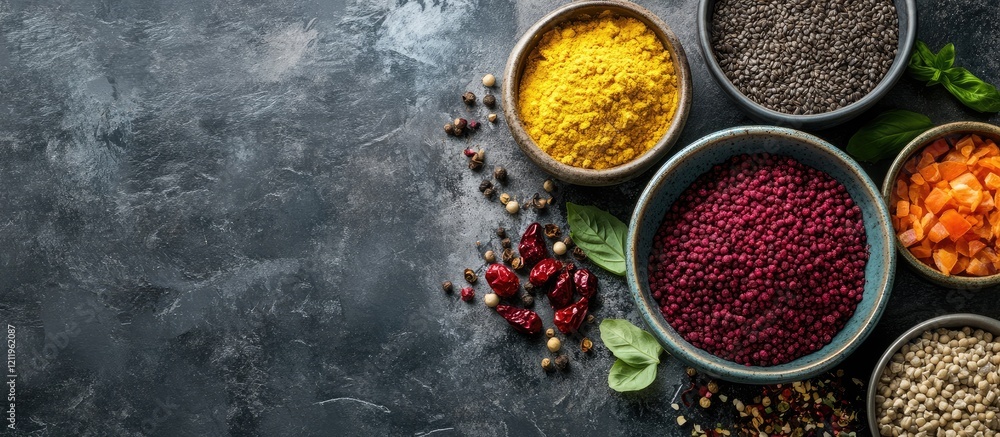 Aufkleber vibrant assortment of spices and baking ingredients in eco-friendly bowls on dark textured surface w