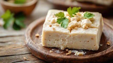 Turkish Cheese Halva with Nuts and Fresh Herbs on Wooden Plate Rustic Presentation