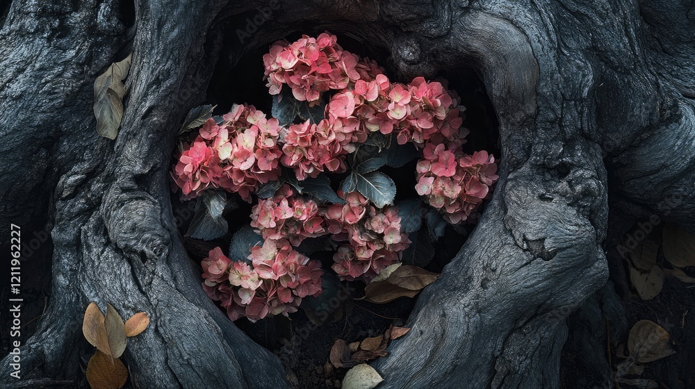 Aufkleber tranquil view of vibrant flowers nestled in the hollow of an ancient tree trunk surrounded by textur