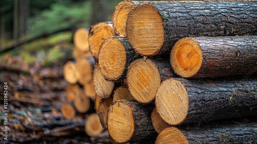 Poster timber production logs neatly stacked at a logging site showcasing the raw materials of the timber i