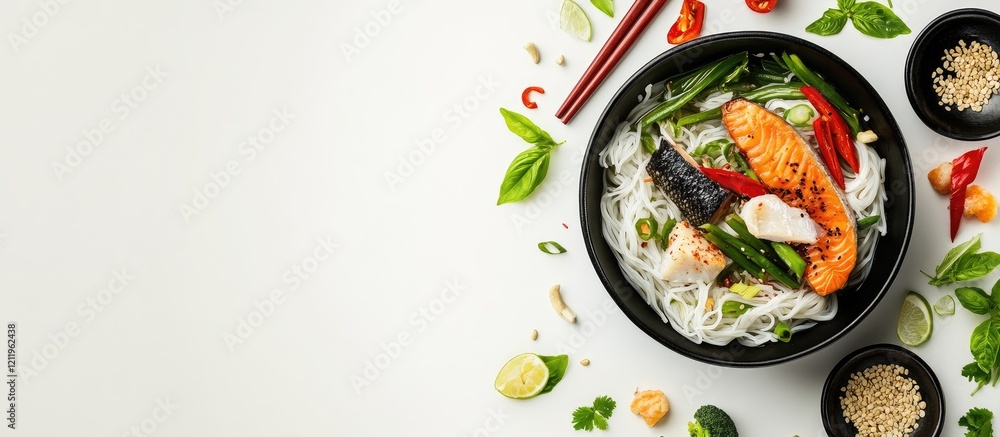 Poster elegant top view of asian rice noodles with vibrant fish and fresh vegetables arranged in a black bo