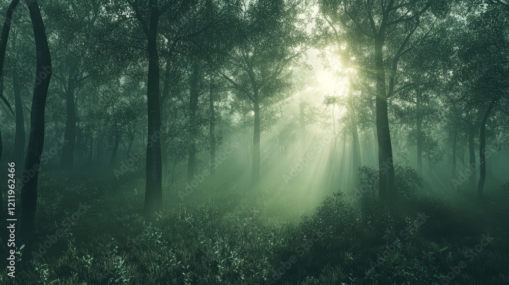 Poster dawn light breaking through trees in lush spring woods with mist and foliage creating a serene atmos