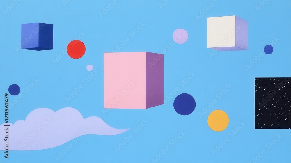 Poster vibrant three-dimensional cubes and playful shapes floating in a colorful sky
