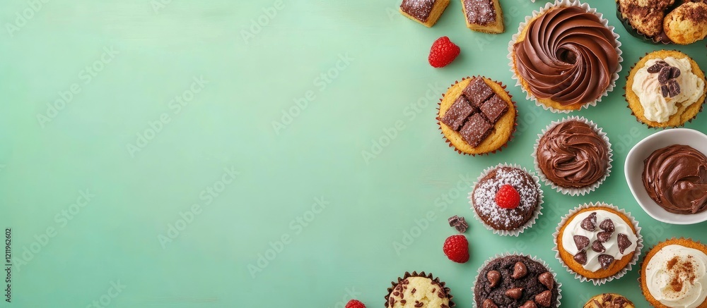 Poster Assorted Confectionery Products Including Cookies Muffins Tartlets and Chocolate Icing on Soft Green Background with Space for Text