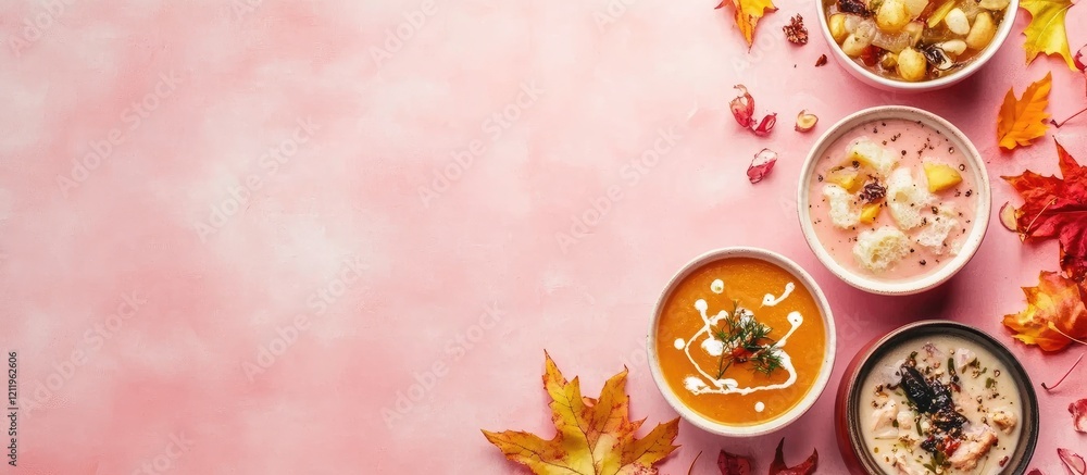 Poster assorted autumn soups in colorful bowls on a soft pink backdrop surrounded by fall leaves with space