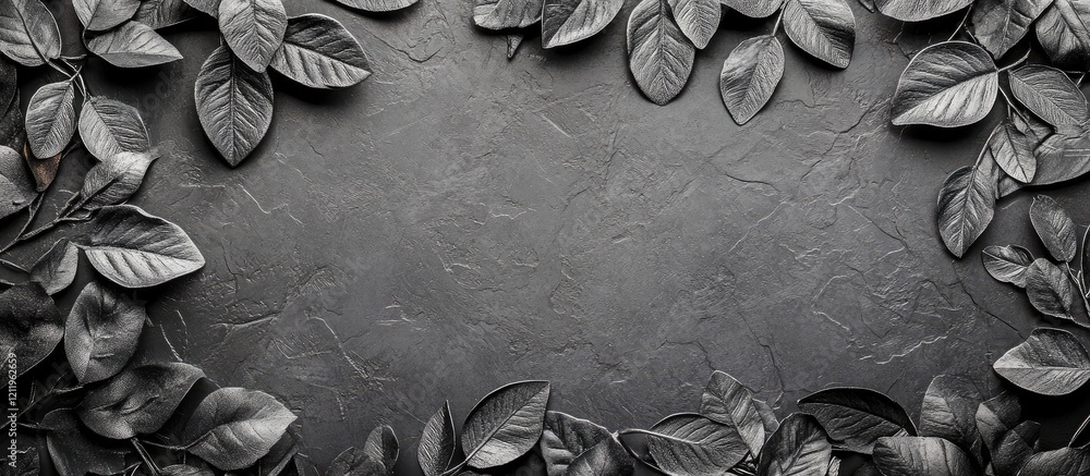 Poster diverse green and dark leaf ornament flat lay on grey surface with negative space for text in natura