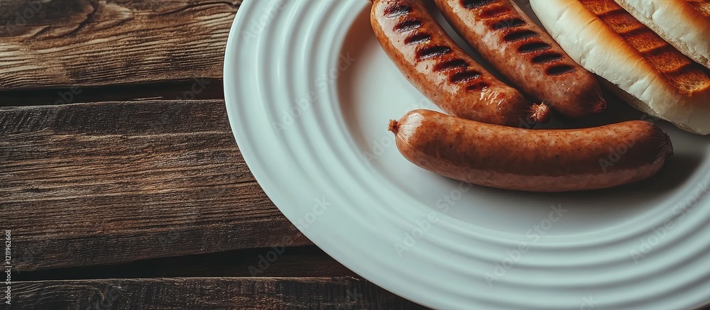 Aufkleber top view of empty white plates with grilled sausages and buns on rustic wooden table, retro filter h
