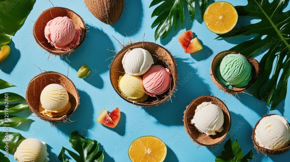 Poster tropical fruits and colorful ice cream scoops in coconut shells on blue background with green leaves