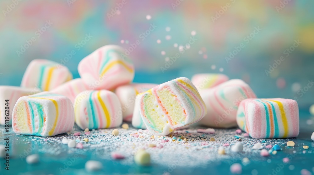 Poster colorful marshmallows scattered on a vibrant background with sprinkles creating a playful and sweet 