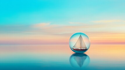 Sailing boat encapsulated in a glass sphere floats on serene waters under a pastel sky at sunset.